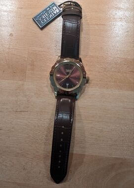New! Badgley Mischka NY Brown Leather Strap Men's Watch with Gold-Tone Casing